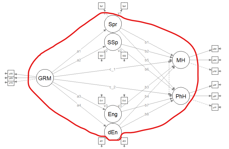 An image of the hypothesized (original) model being evaluated in this lesson; the structural model is outlined in red.