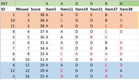 Image of scores and responses of 6 items from 12 students.