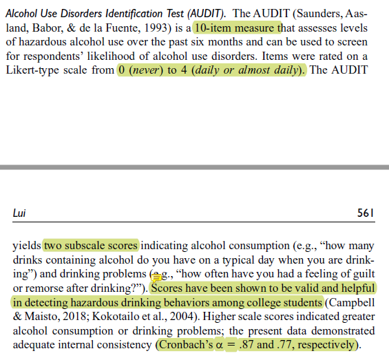 Screenshot of Lui’s assessment of alcohol use disorders