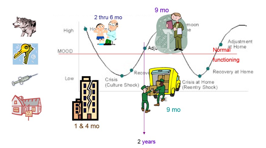 A sketch of the culture shock model superimposed with my personal experience