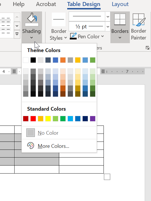 Screenshot of tools used to add shading to rows, columns, and cells