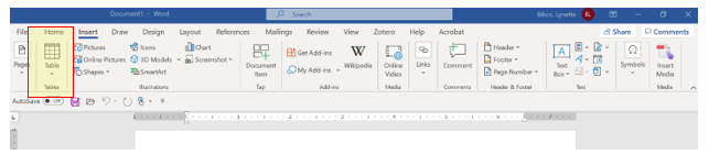 Screenshot of a the location of the Table tab in the Microsoft Word toolbar