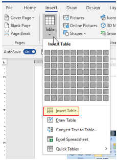 Screenshot of selecting the “Insert Table” option from the Table dropdown menu