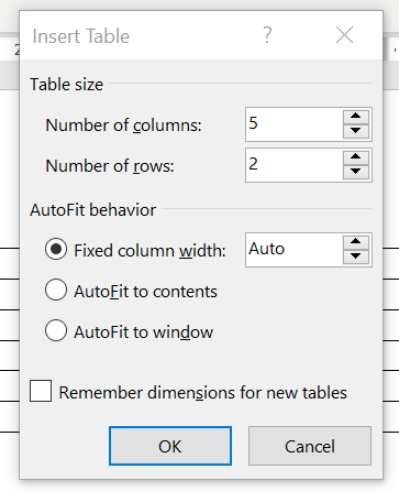 Screenshot of the window allowing the user to specify the number of columns and rows in a table