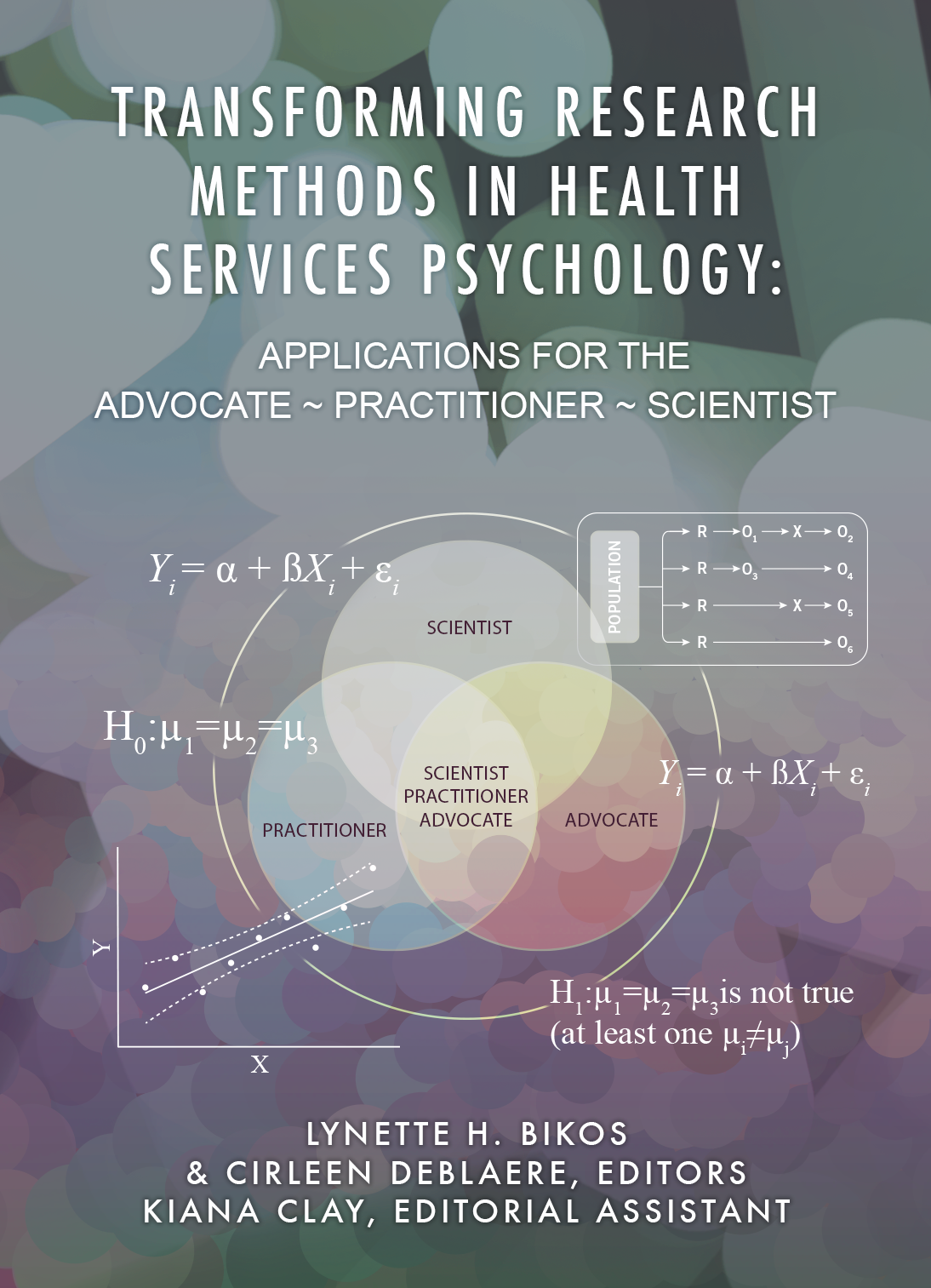 An image of the book cover. It includes three overlapping, pastel-colored, circles representing advocacy, practice, and science. These are surrounded by a handful of statistical symbols and formulae. methods.